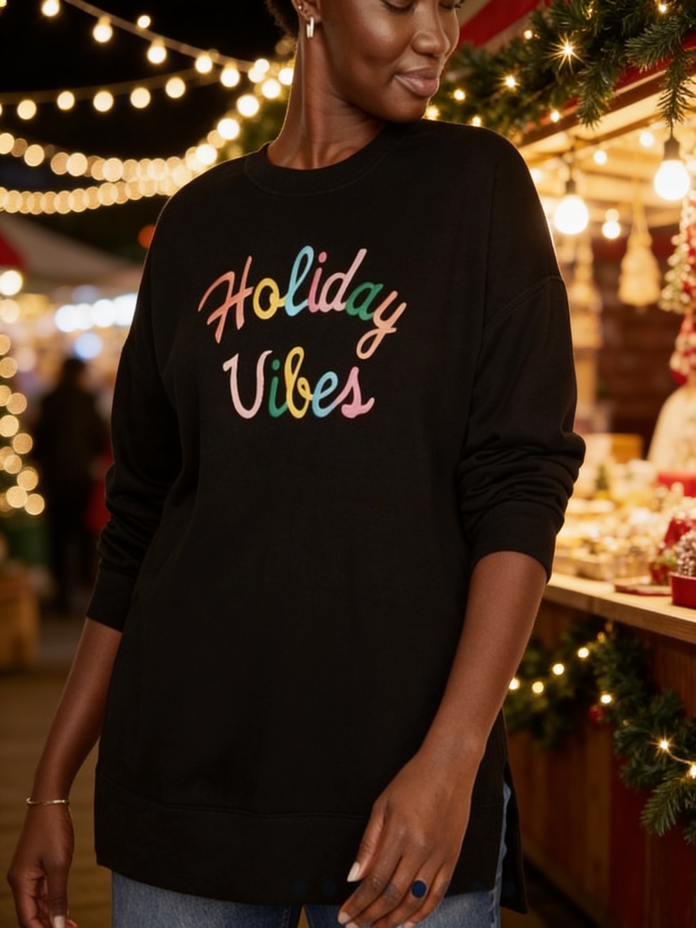 Old Navy Black Sweatshirt with Multicolor "Holiday Vibes" Script